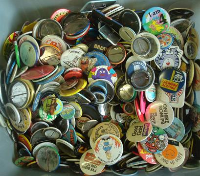 Massive Collection of Pin Badges: Covering all aspects to include cartoon, TV related, Shops,