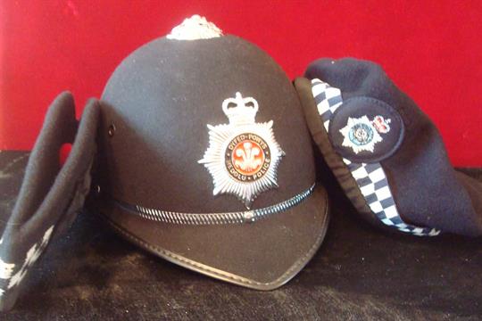 Three Unusual Police Head Gear: To include Powys Police shallow Helmet complete with Enamel and
