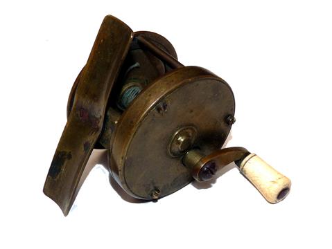 REEL: Early brass 2" diameter multiplying winch with curved winding arm, turned ivory handle, 2
