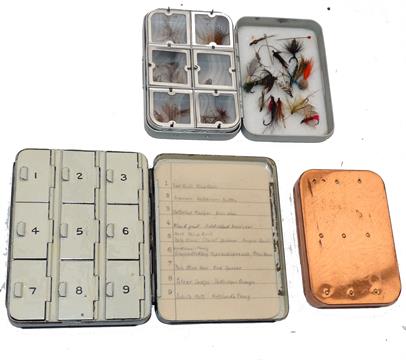 FLY BOXES (3): Hardy Girodon Pralon black japanned fly box, 4"x3.25", with 9 hinged metal lids to