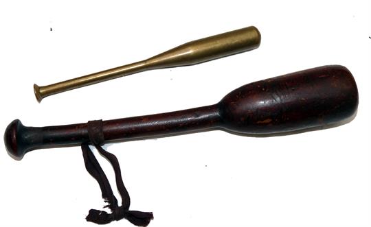 PRIESTS (2): Early fruitwood salmon priest 9.5" long, 1.75" diameter head, showing many age