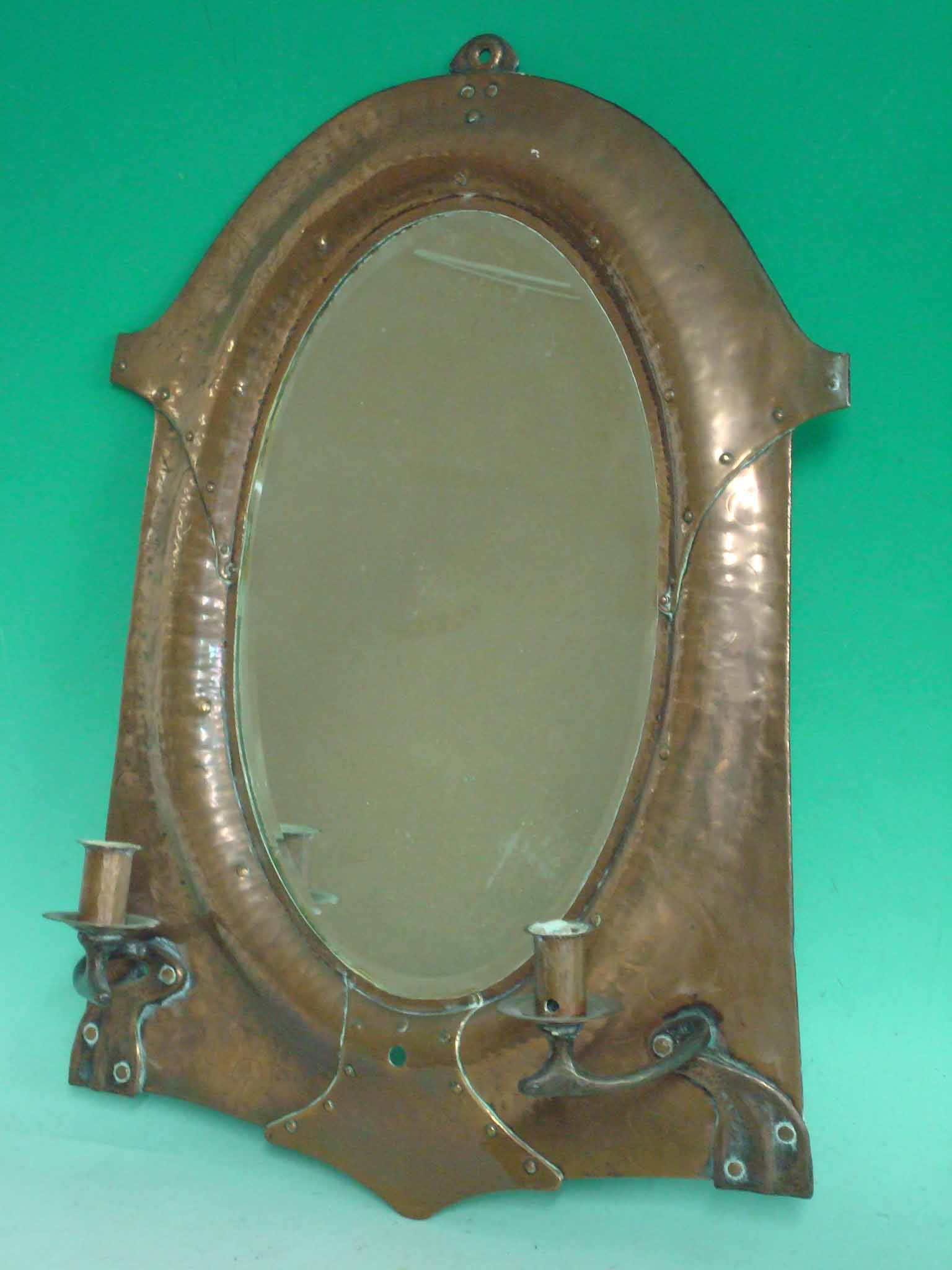 Large good quality Arts & Crafts Mirror with 2 sconces: Arts & Crafts handmade copper mirror with an