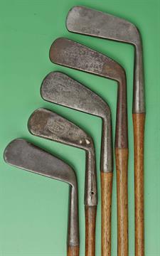 5x BGI Co., Bridgeport, Conn. smf irons to incl a cleek, a mashie (head loose), a lofter, and two