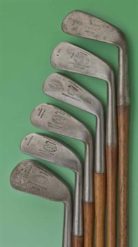 6x various Tom Stewart irons comprising 3 iron, 3x mashies incl a Benny, curved sole pitcher and a
