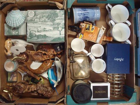 2 large Boxes of Mixed China and Ornaments: Mainly Fishing related to include Jugs, Cups,