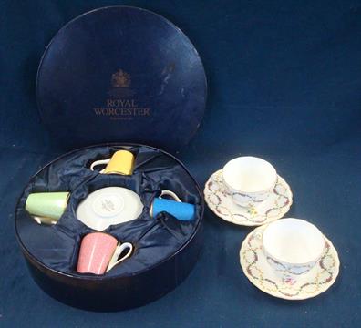 Royal Worcester HRH 80th Birthday Coffee Set: Four coloured cups with matching saucers together with
