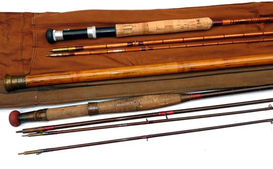 RODS (2): Modern Arms Company 9’ 3 piece split cane trout fly rod, burgundy whipped snake guides,