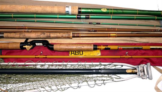 RODS & NET (4): Abu Atlantic 443S Zoom fibreglass spinning rod, alloy crank handle, cork grips,