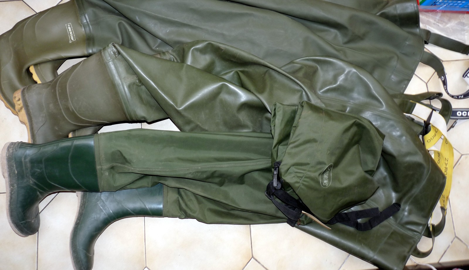 CHEST WADERS (3): Three pairs of chest waders, Ocean green with Dunlop boots size UK 9, rubber