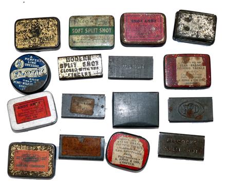 ACCESSORIES (16): Collection of 16 vintage split shot and similar tins incl. Milbro Angler’s