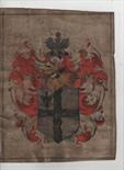 Heraldry fine ms coat of arms executed in red^ gold and black on a single panel of vellum^ appears