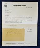 1986 Stirling Moss Signed Letter and loose Graham Hill signature both clean signatures (2)