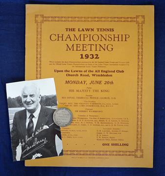 1932 Wimbledon Men’s Double Runners Up Tennis silver medal and programme– awarded to Fred Perry