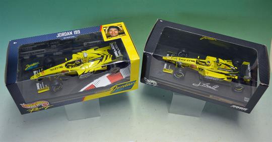2 x Scarce Signed Hot Wheels Jordan Racing Model Cars 1:18 scale including a Jordan 199 Heinz-Harald