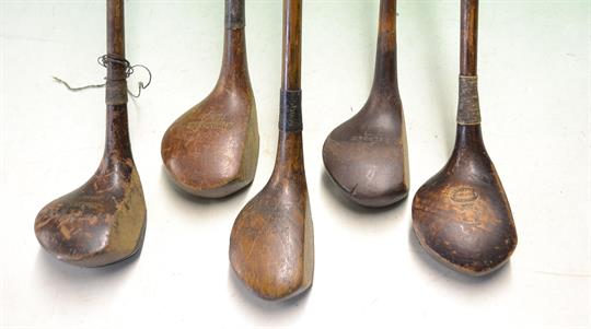 5x interesting compact and neat brassies and drivers – to incl R Simpson Carnoustie Patent “The