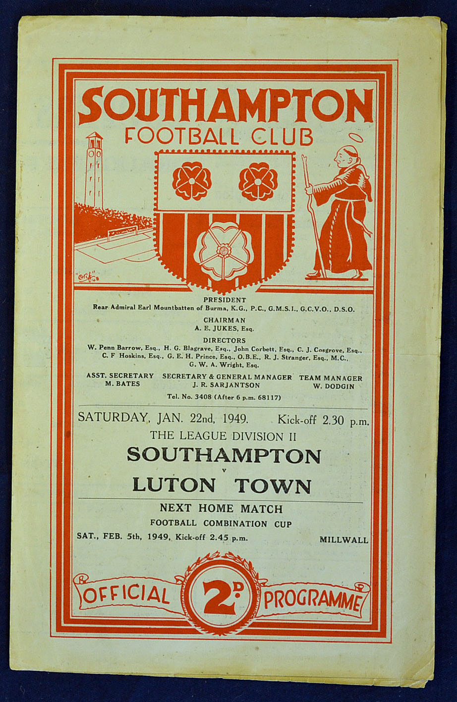 1949 Southampton v Luton Town Football Programme played on 22/01/49 (H), single sheet programme with