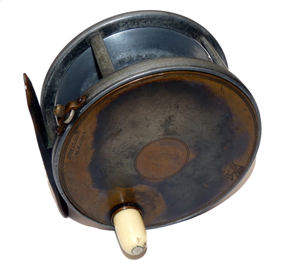 REEL: Hardy Perfect brass faced salmon fly reel with solid drum face plate, 4.5" diameter, brass