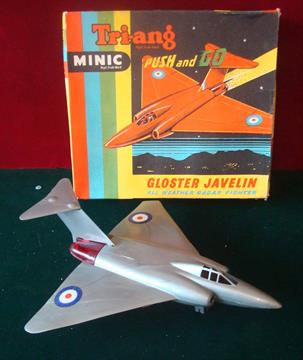 Triang Minic No.M 102 Gloster Javelin: Plastic Jet Aircraft is grey, with friction drive to wheels