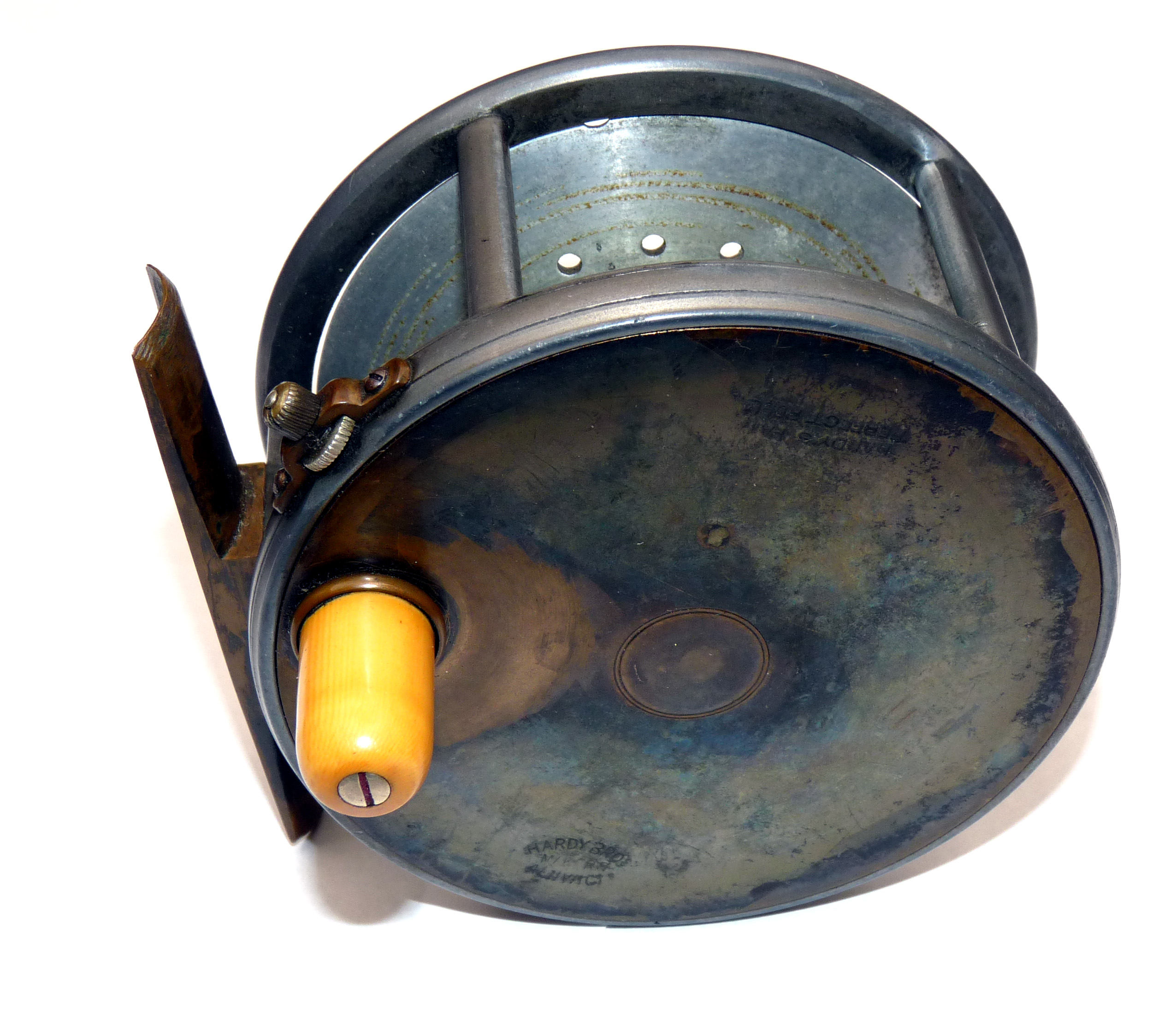 REEL: Hardy Perfect brass faced alloy salmon fly reel 4.25?diameter white handle screw fixing open