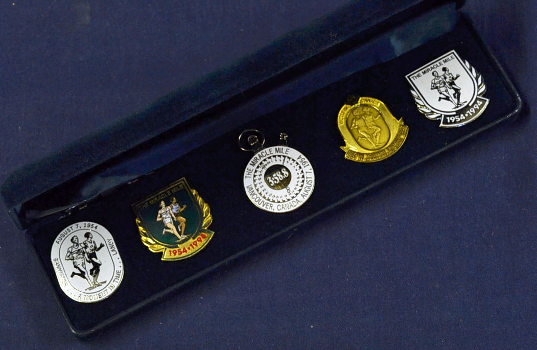 Roger Bannister The Miracle Mile - set of five brass and enamel pin badges commemorating the 40th