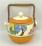 A Clarice Cliff Bizarre pottery biscuit barrel and cover, shape 335, decorated in the 'Blue