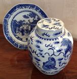 Nineteenth century blue and white ginger jar  20cms high and 19th century hexagonal blue and