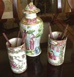 Two Cantonese spill vases and a lidded vase.