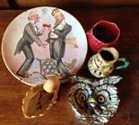 Assorted 19th pottery including owl dish.