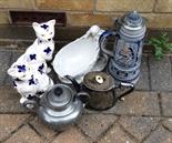 Pair pottery cats, a stein, patent teapot etc.