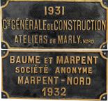 Brass Worksplate Cie Generale Des Construction Ateliers De Marly, Nord. Face restored, rear