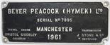 Worksplate Beyer Peacock (Hymek) Ltd No 7895 Manchester 1961. Ex Hymek locomotive number D7001. To