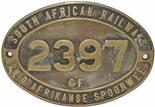 South African Railways dual language, brass Cabside Numberplate 2397 Class GF. Ex 4-6-2+2-6-4,  3`6"