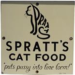 Enamel Advertising Sign "Spratts Cat Food - Puts Pussy into Fine Form". 12" x 12" square complete