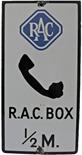 RAC Roadside Telephone Box enamel sign `RAC BOX ½ M` with the blue & white 1950`s lozenge shape logo