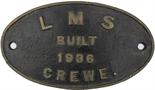 Worksplate `LMS Built Crewe 1936`, cast brass. Almost certainly ex 5XP Stanier Jubilee 4-6-0 Class