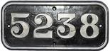 GWR C/I Cabside Numberplate 5238. Ex GWR Churchward design 2-8-0T built Swindon August 1924. A South