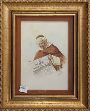 Watercolor Enriques Gabbio Cardinal Reading Le Figaro Enriques Gabbio Italian 20th Century