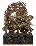 Himalayan copper alloy Buddhist triad, featuring Palden Lhamo on horseback flanked by two