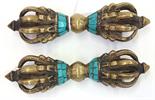 (lot of 2) Himalayan bronze vajra, consisting of nine prongs with turquoise colored inlay at the