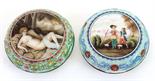 (lot of 2) Chinese enameled small metal boxes, one lid painted with a reclining nude beauty, and