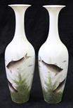 Pair of Chinese egg shell porcelain vases, decorated with fish amid water reeds, inscribed with a