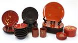 (lot of approximately 38) Group of Japanese lacquered wooden wares: fourteen fan shaped dishes,