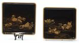 (lot of 2) Japanese lacquered trays, chrysanthemums by the stream in takamakie on dark brown