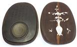 Chinese ink stone and wood box, the oval slab with a shallow well to the lower section, the upper