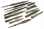 (lot of 13) Chinese archaistic bronze blades, including spear heads and a small ax form blade, some