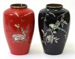 (lot of 2) Korean enamel vases with mother-of-pearl inlay, each with a metal ring neck, and short