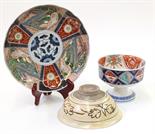 (lot of 3) Japanese Imari haisen (sake cup washer); the second an Arita dish with foliate rim,