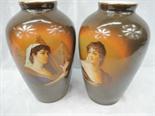 A pair of Continental porcelain mantle vases each bearing a printed portrait of a beauty on plain