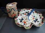 A Royal Doulton `Imari` three-part hors d`oeuvres dish, and a hot water lidded jug by Ellgreave.