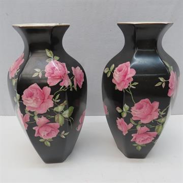 A Pair Of Crown Ducal Ware Black Glazed Six Sided Vase With Rose